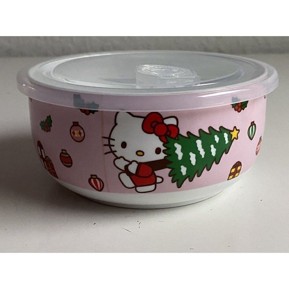 Hello Kitty Christmas Pressure Lid Ceramic Food Storage Bowl Pink MEDIUM NEW - Picture 4 of 7